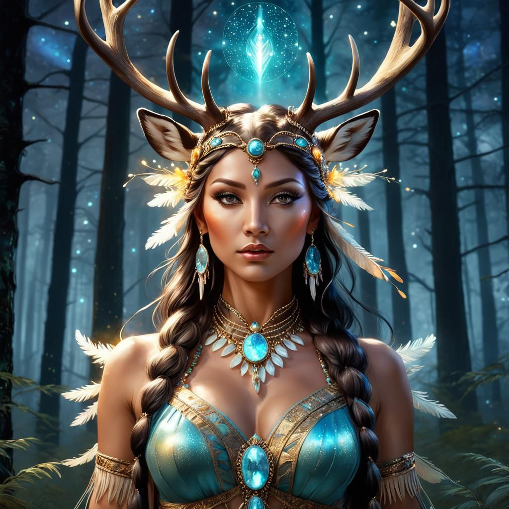 Native American Deer Goddess in Watercolor Style