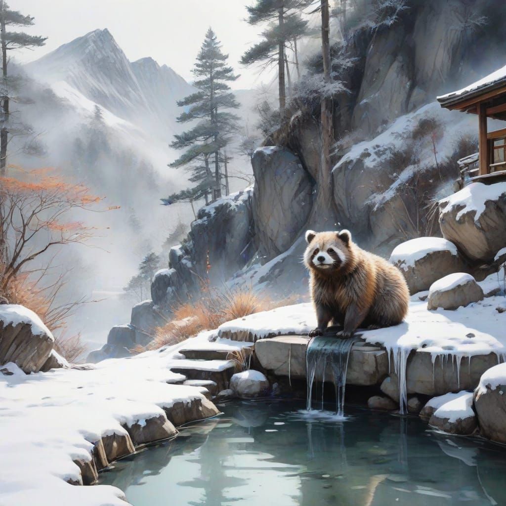 Surreal Winter Onsen Scene in Japanese Watercolour Style