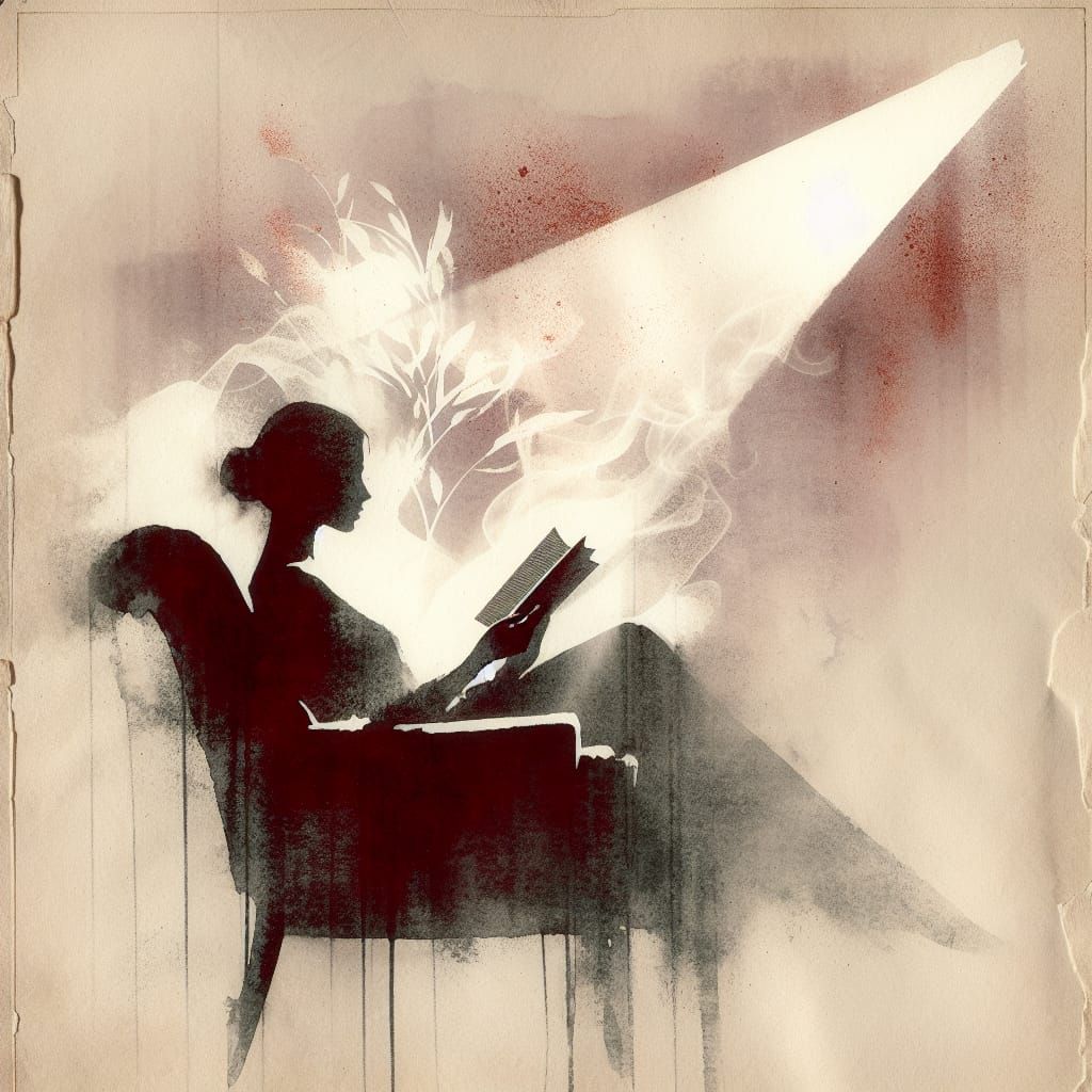 Woman Reading in Sunlit Armchair, Conceptual Ink Wash Art