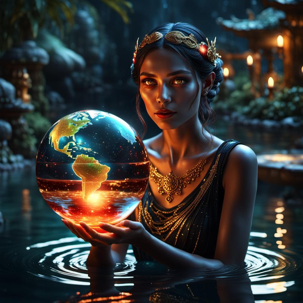 Luminescent fairy woman holding a fully transparent glowing globe by a pool of water red gold black perfect eyes