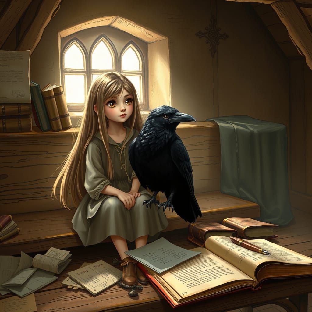 Young Girl with Raven in Whimsical Attic Scene