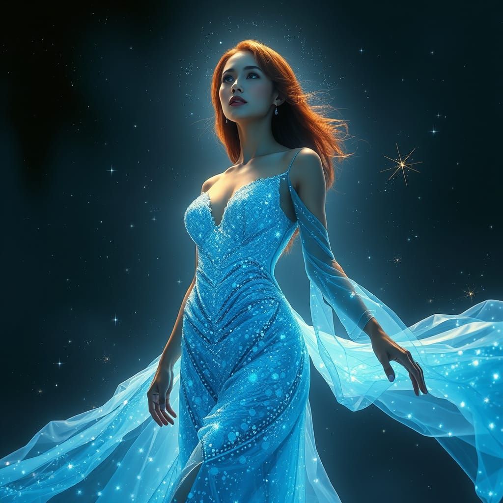 Woman in Dazzling Blue Crystal Dress Under Starry Sky