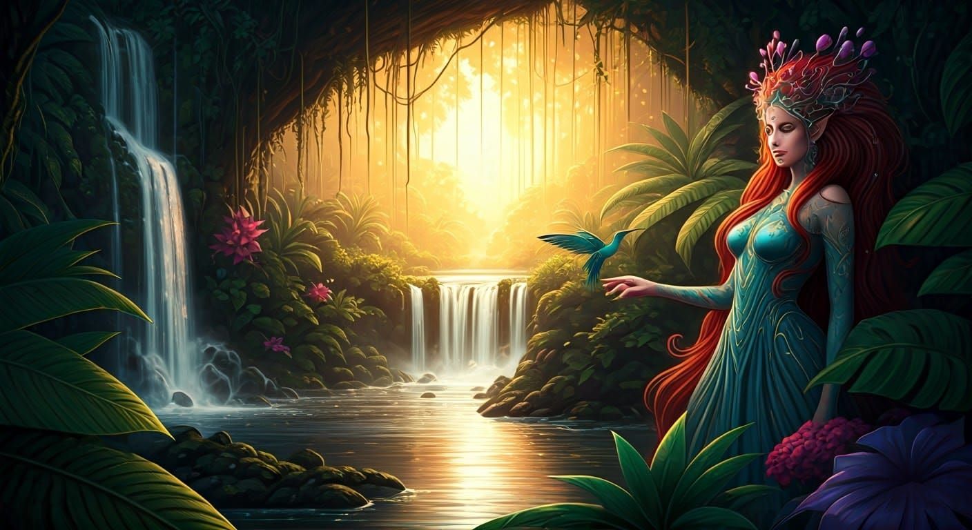 Mystical Sorceress in Jungle at Golden Hour