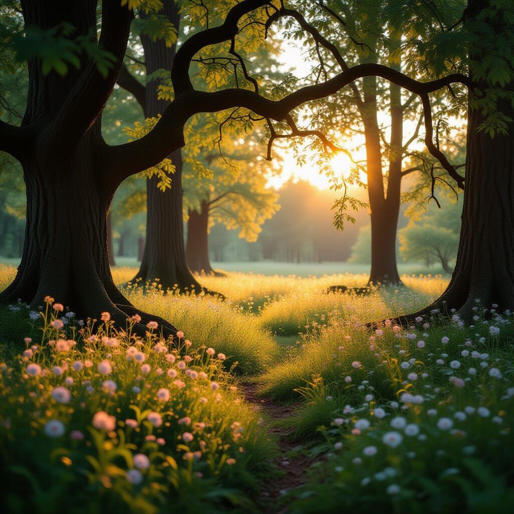Serene Forest Clearing with Sunlit Archway and Wildflowers