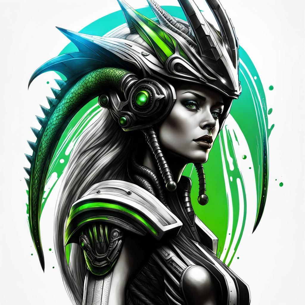 Dragon Queen in Bio-Mechanical Armor, Pencil Sketch