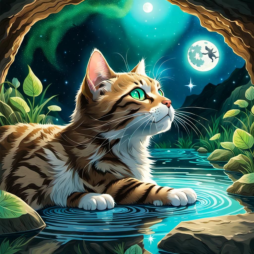 Tabby Cat at Moonpool in Glowing Cave