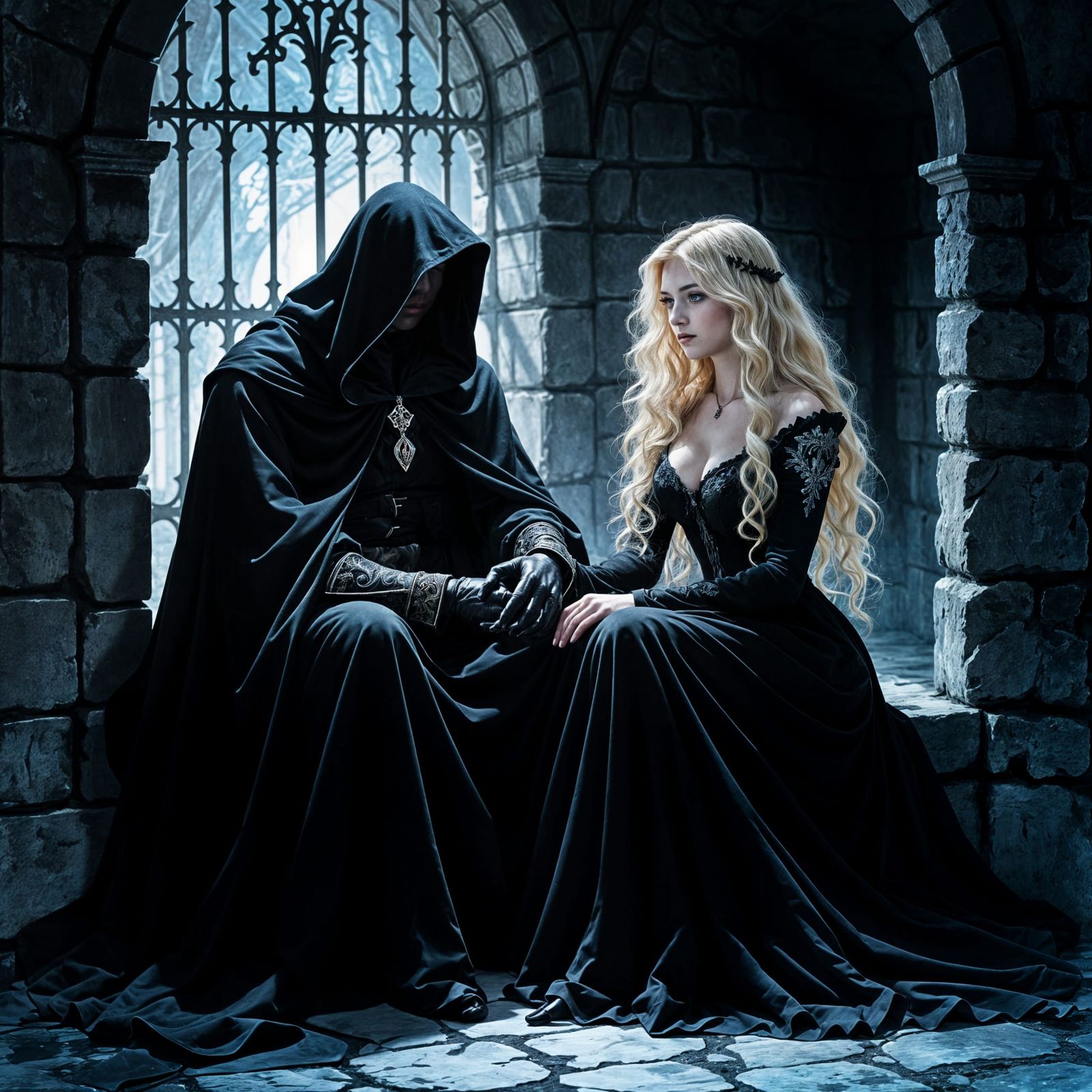 Dark Fantasy Prison Scene: Cloaked Figure and Captive Blonde