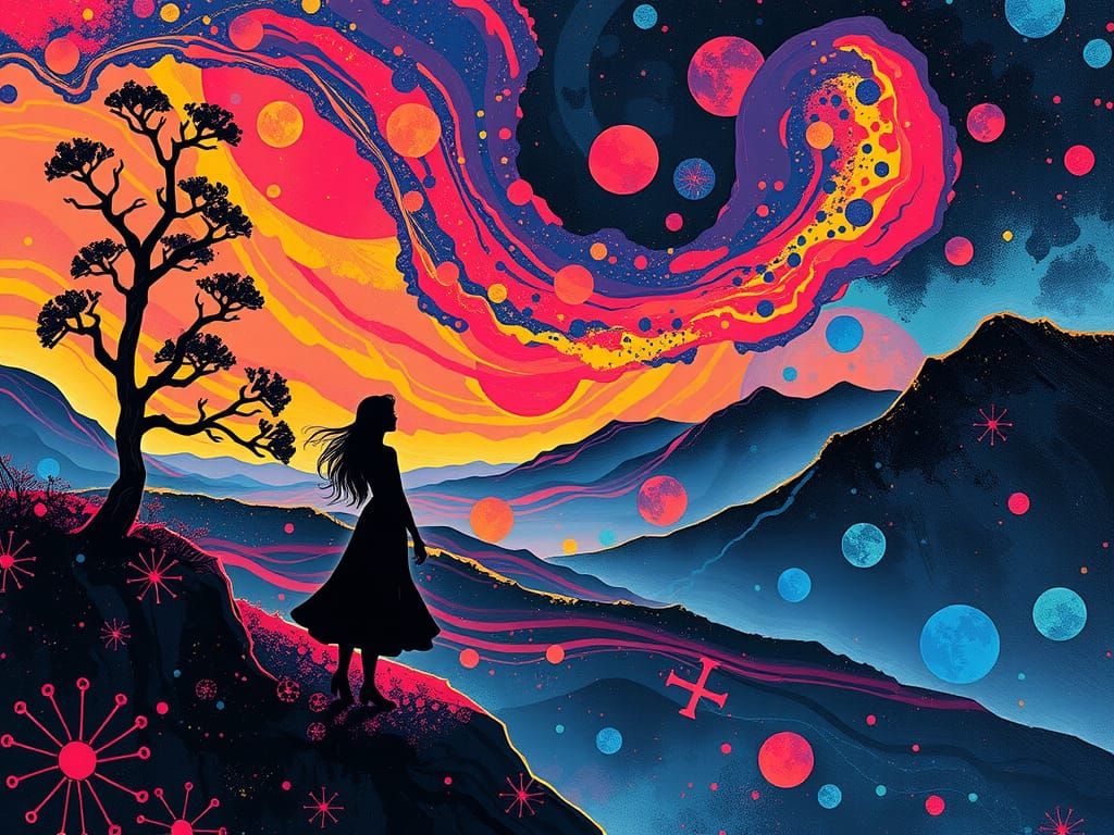 Psychedelic Silhouette in Tachisme Fantasy Landscape
