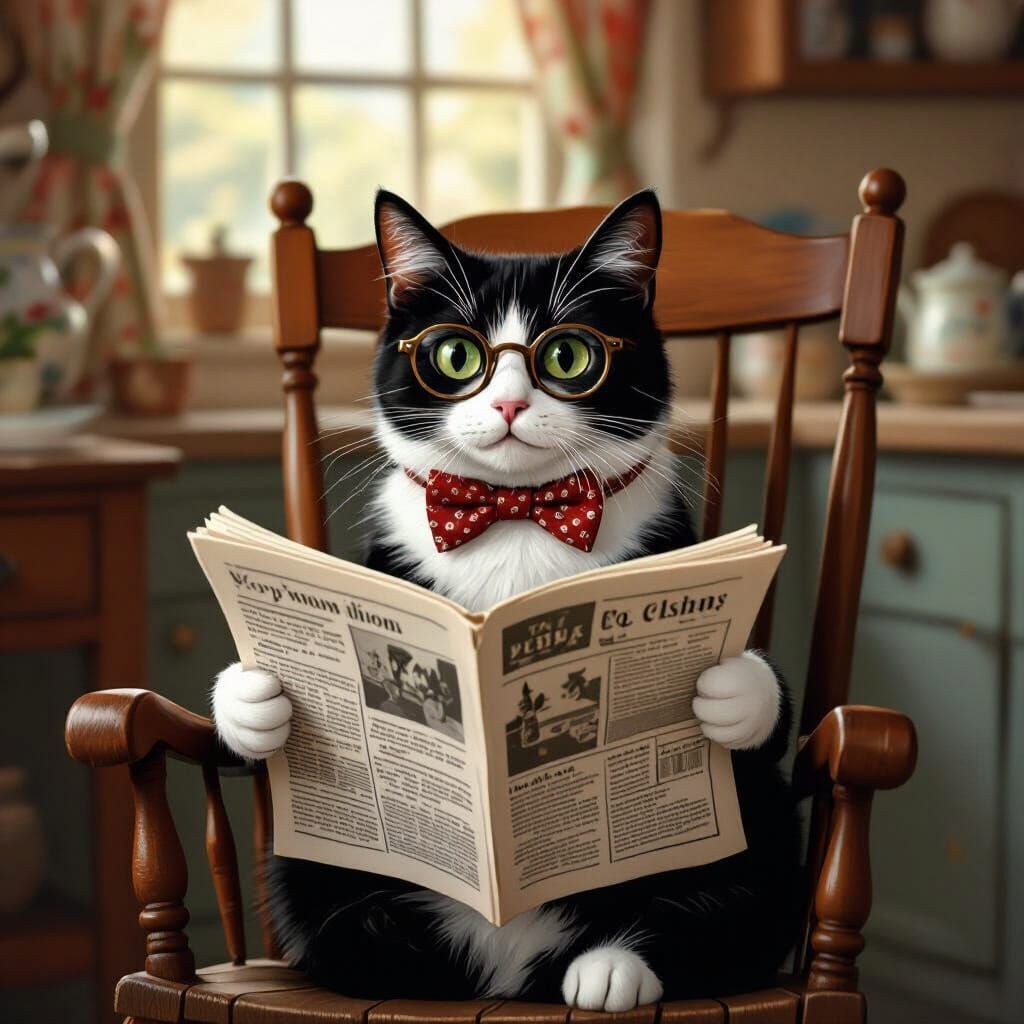 Cat in Bow Tie Reads Newspaper in Cozy Kitchen