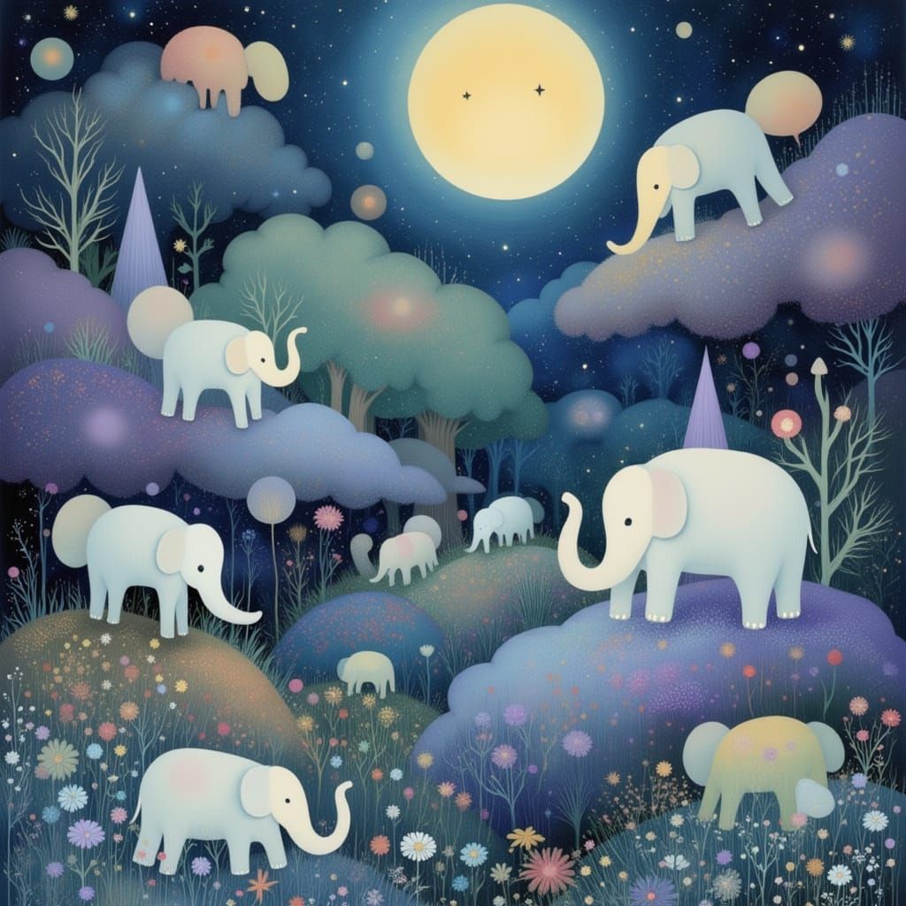 Whimsical Dreamscape with Floating Elephants