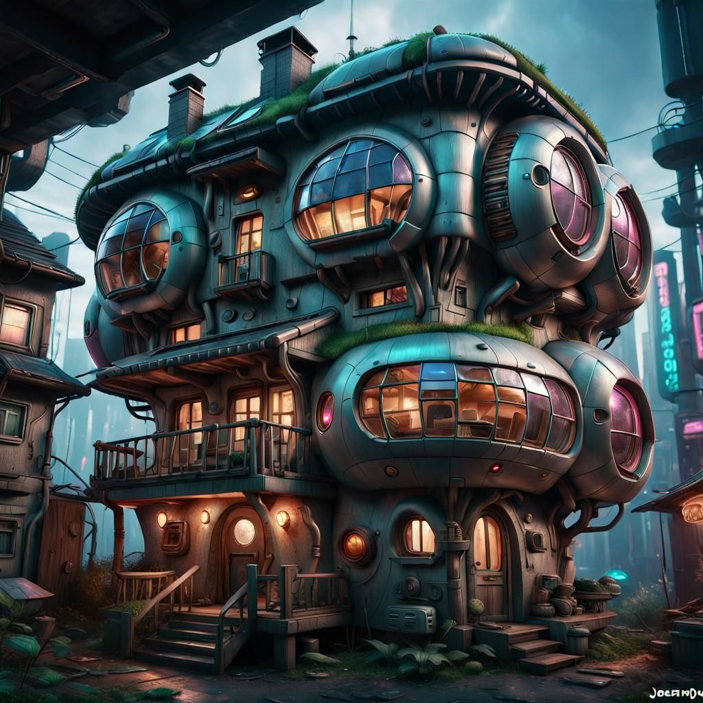 Cyberpunk Mushroom House: Hyperrealistic Fantasy Concept Art