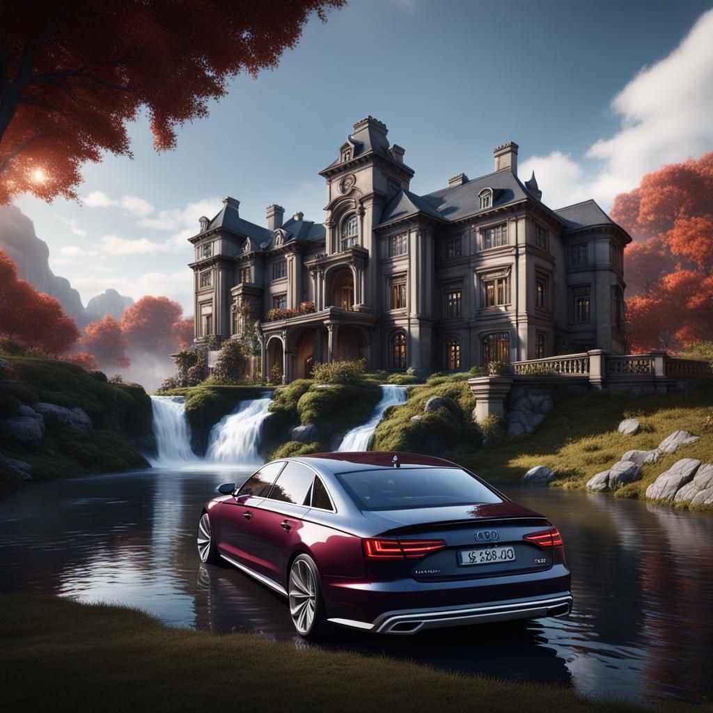 Mansion with Waterfall and Audi A6: Detailed Matte Painting