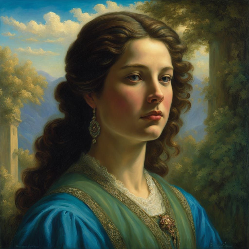 Renaissance Woman in Blue Gradient with Magenta Glow