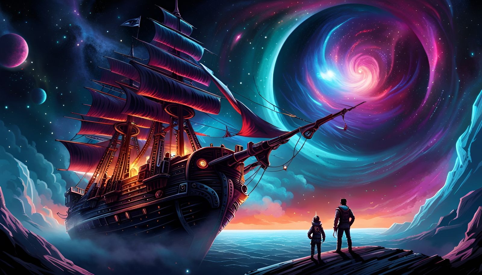 Aetherpunk Pirate Ship Navigating a Galaxy