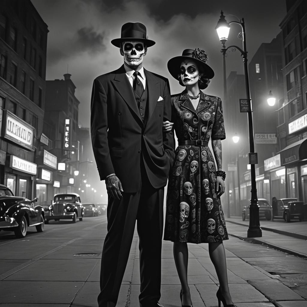 Sugar Skull Couple in Film Noir Cityscape