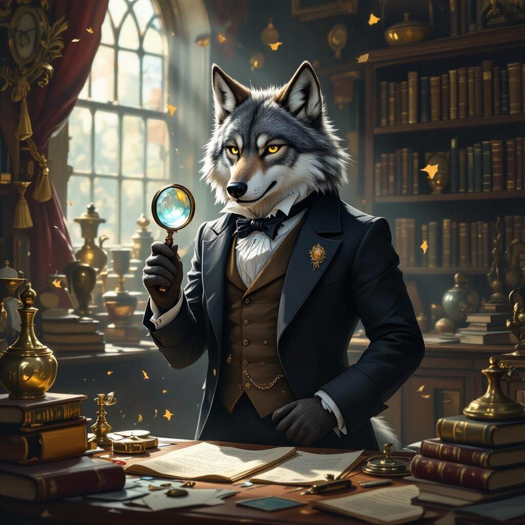 Victorian Wolf Detective in Gothic Study