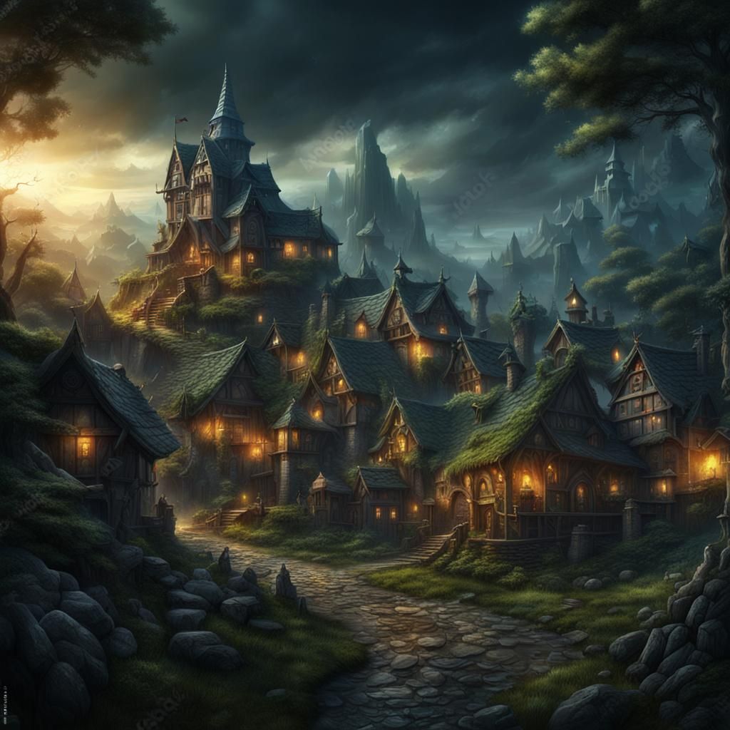 Medieval Dark Fantasy Village of Dwarves and Elves