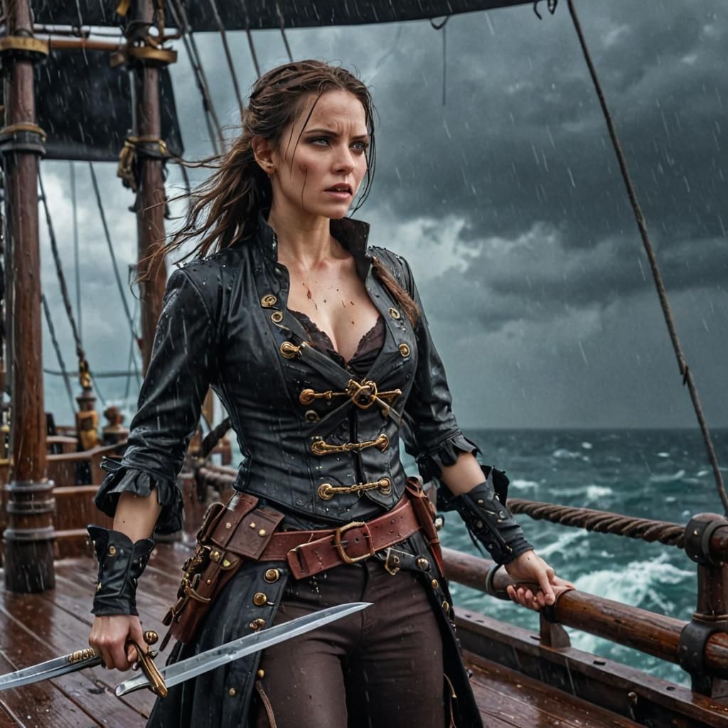 Hyperrealistic Pirate Queen in Thunderstorm