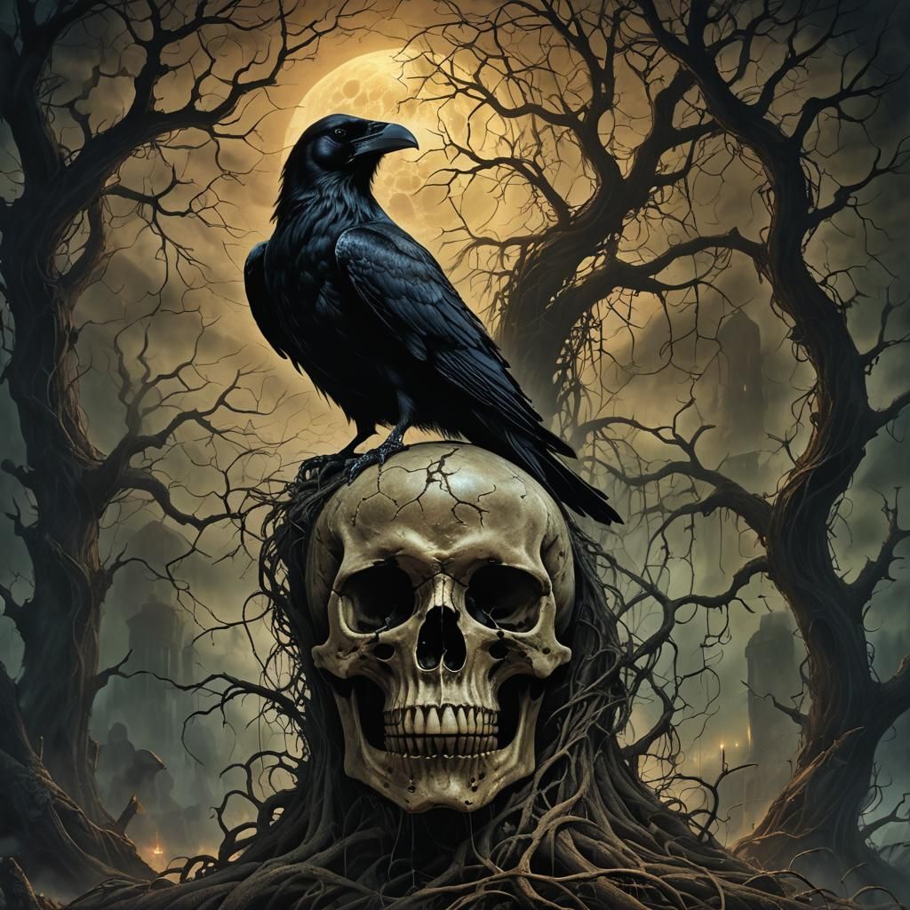 Mysterious Raven Perched on Glowing Skull in Underworld