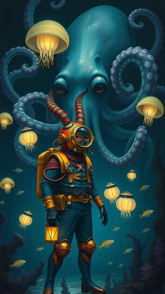 Okapi in Victorian Diving Suit Meets Majestic Giant Squid in...