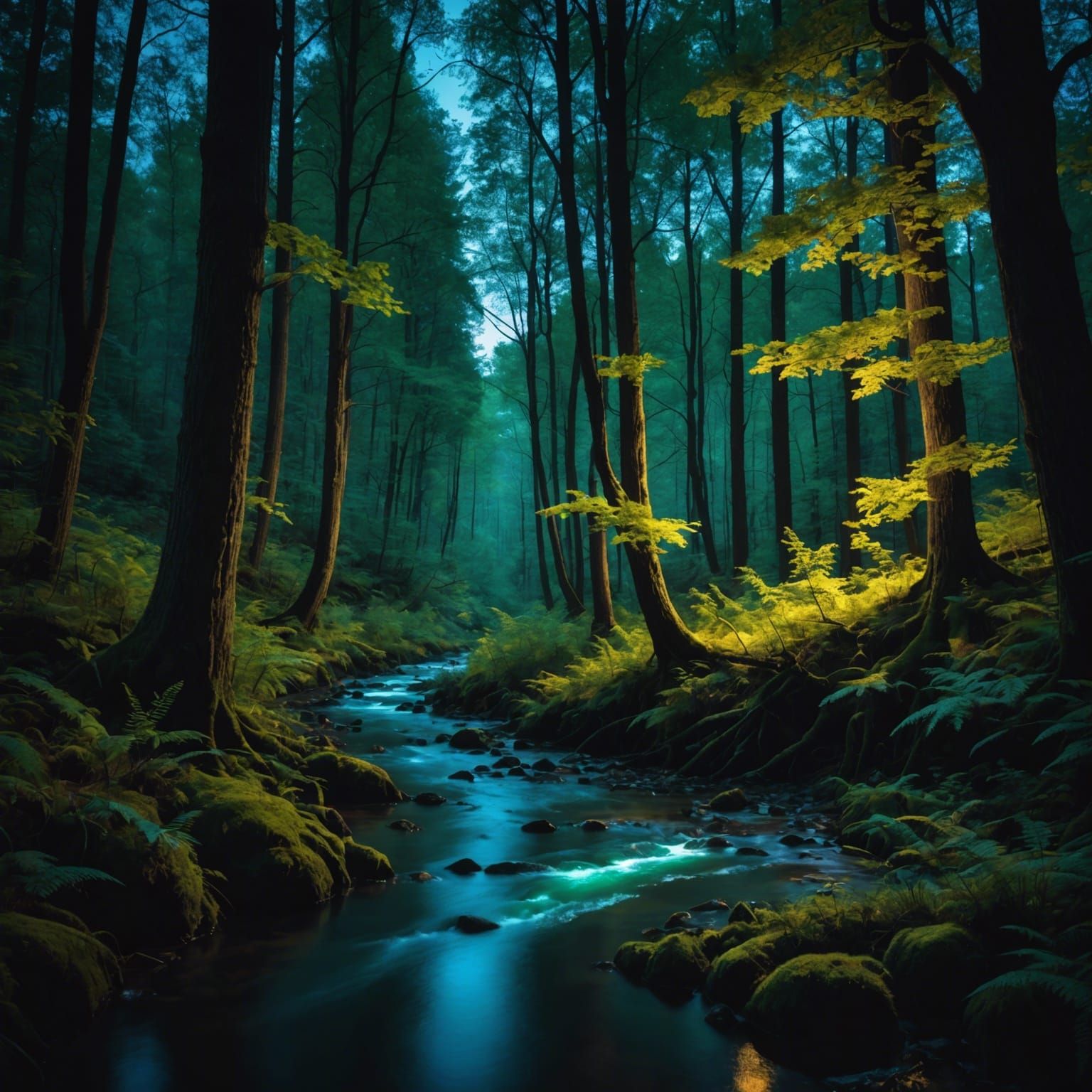 Bioluminescent Stream Through Magical Glowing Forest