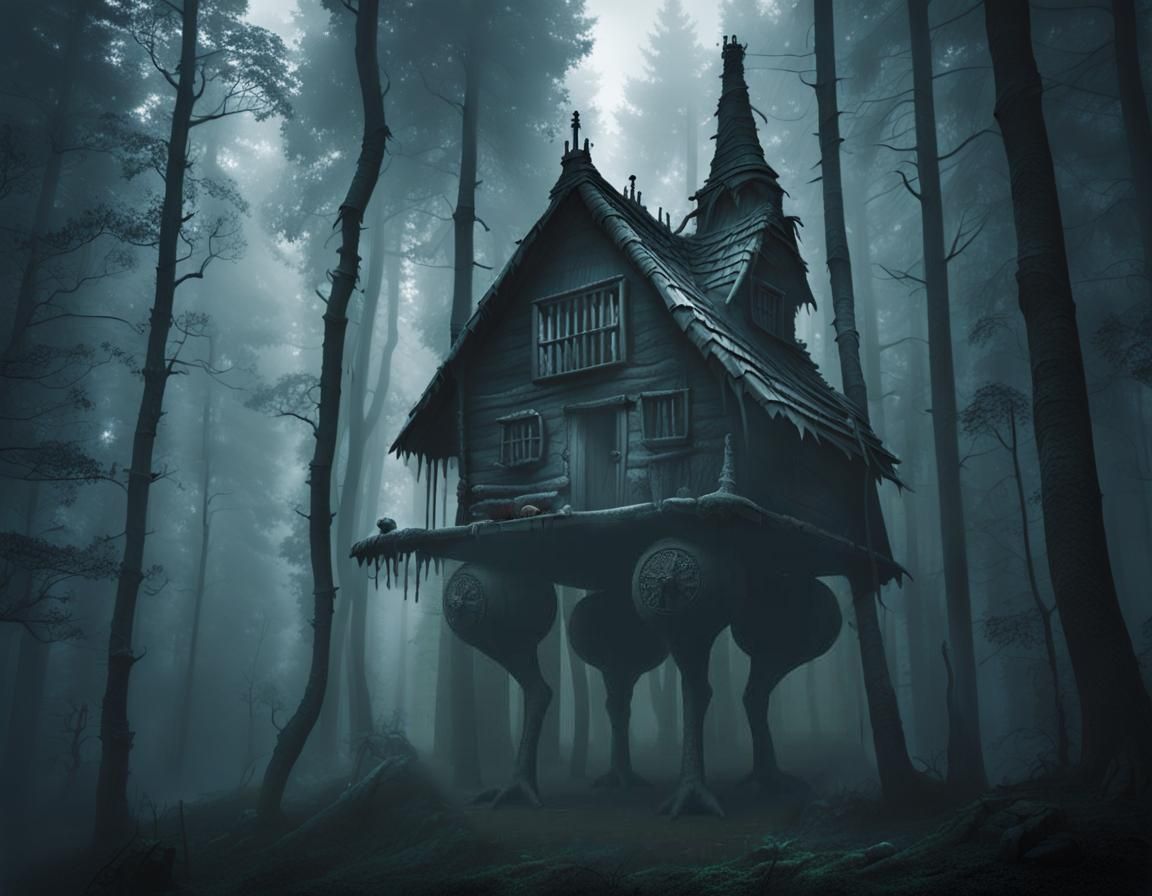 Creepy Baba Yaga Hut in Shadowy Woods