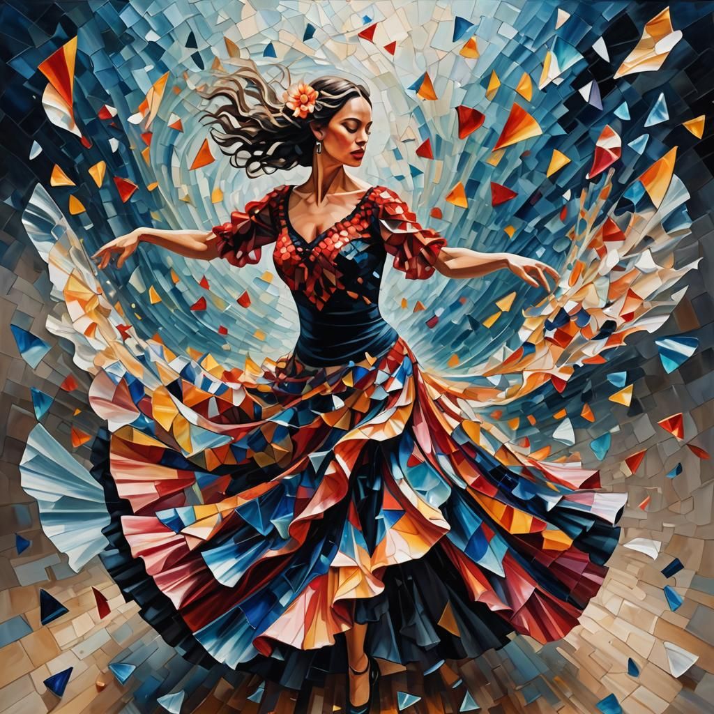Flamenco Dancer Conjuring a Stormy Sea: Surreal Oil Painting
