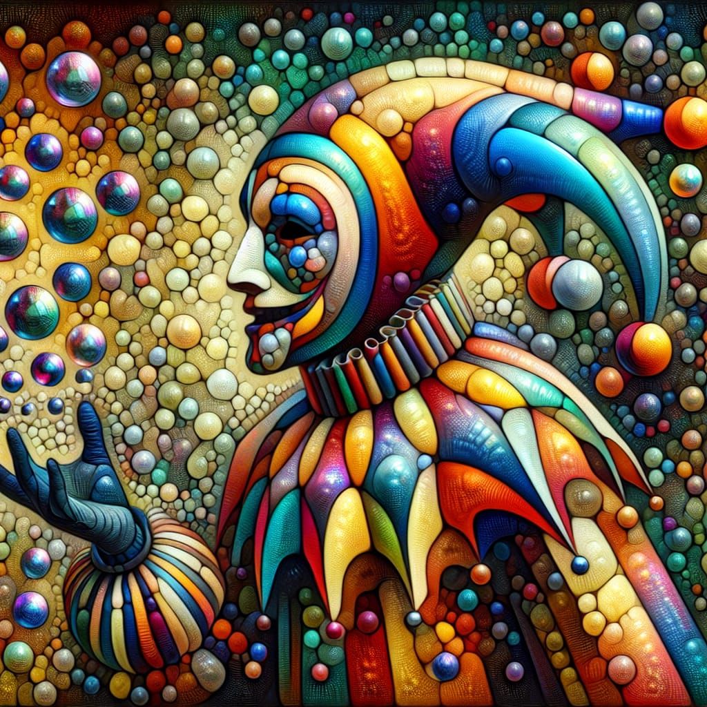 Iridescent Jester in Cubist Style with Soap Bubbles