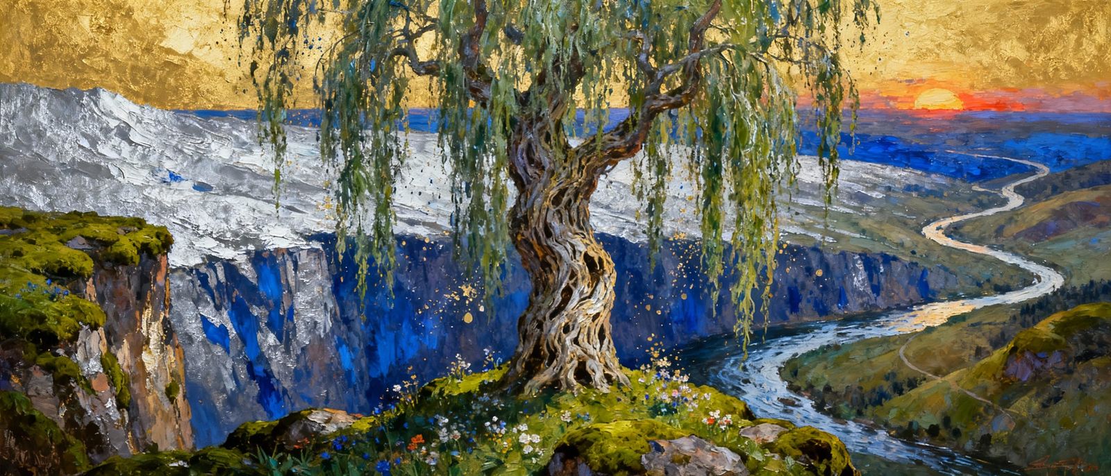 Abstract Landscape Painting: Mossy Cliff, Willow Tree, and R...