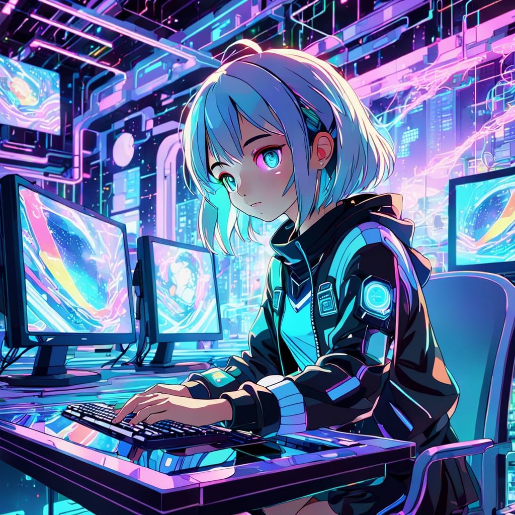 Girl Using Windows 7 in Anime Style