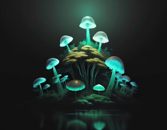 Colossal Jellyfish Over Toadstool Forest in Digital Matte