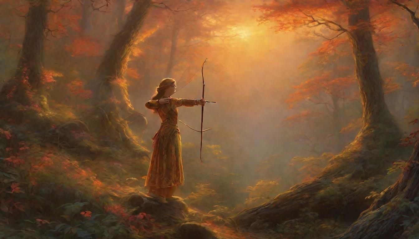 Huntress Aims Bow in Viral Forest: Kinkade Style