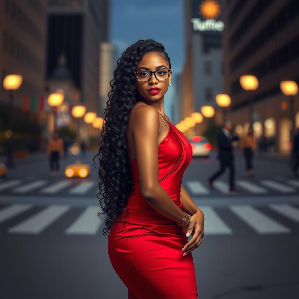 Elegant Woman in Red Haute Couture Dress