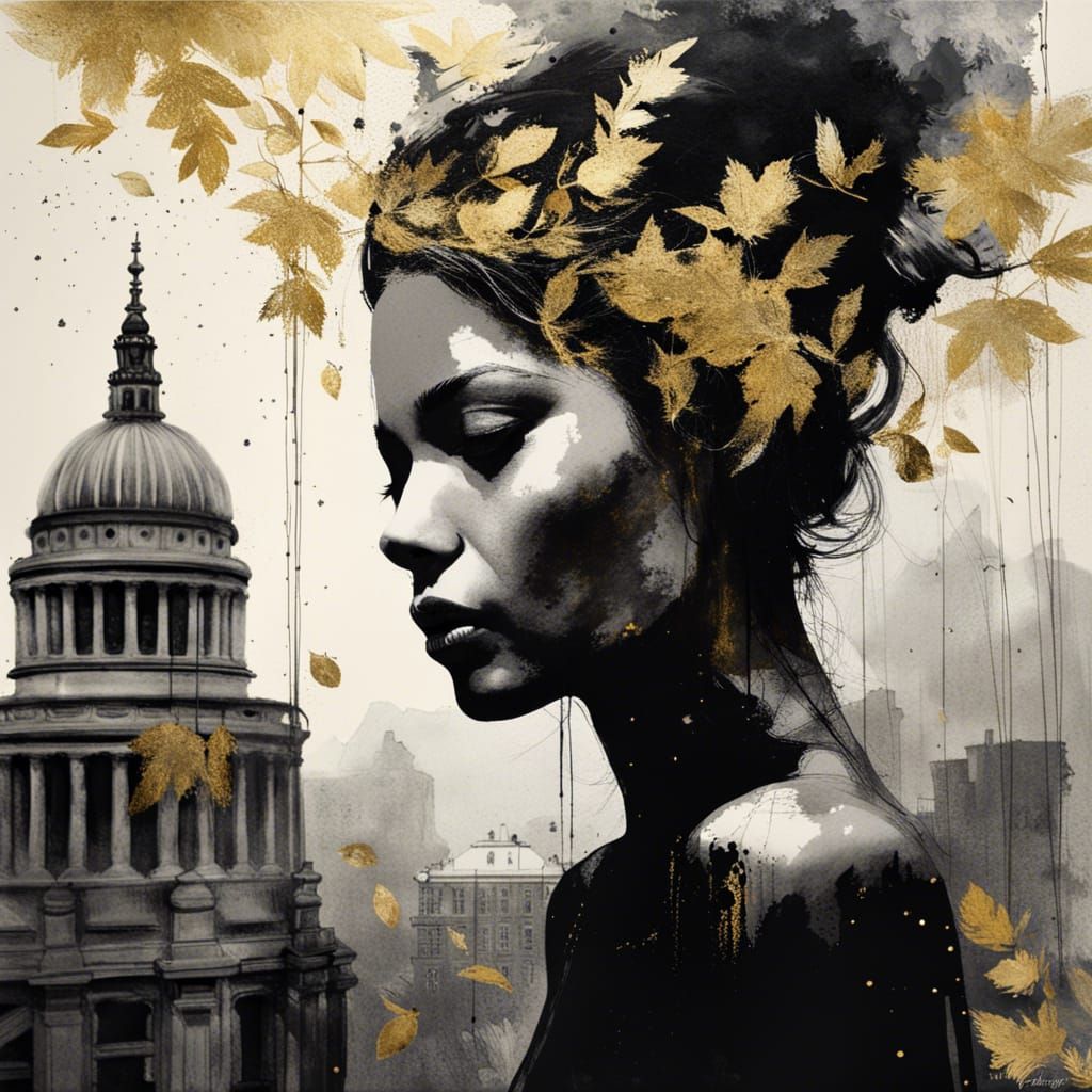 Ink Painting: Goddess in London with Gold Leaves