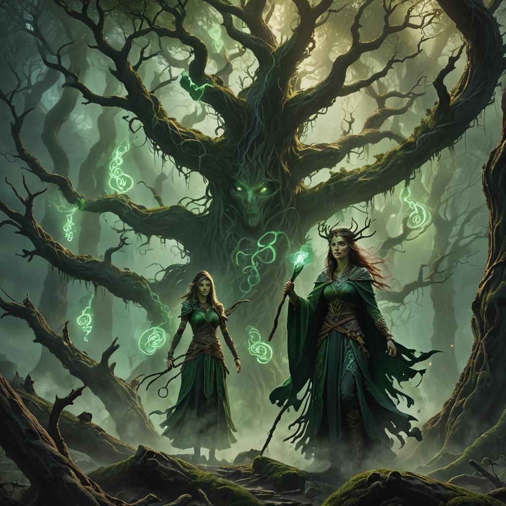 Mystical Sorceress in Forest of Glowing Runes