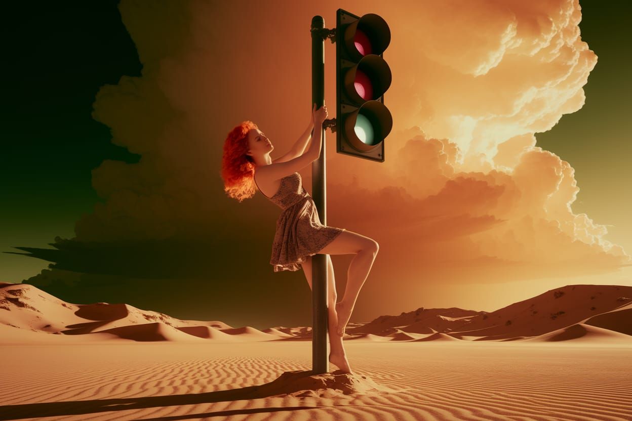 Giger-Style Desert Scene with Woman and Traffic Light
