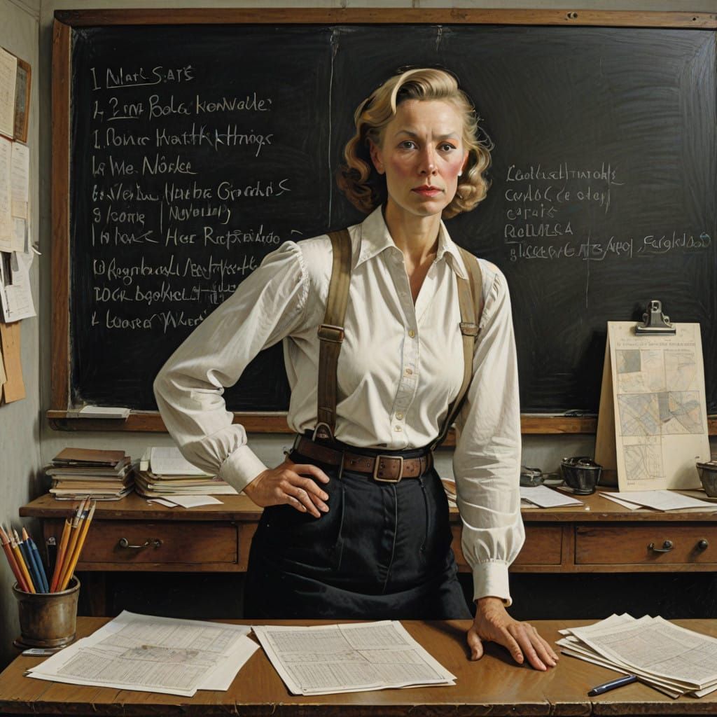Warm Schoolteacher Surrounded by Vintage Classroom Accoutrem...
