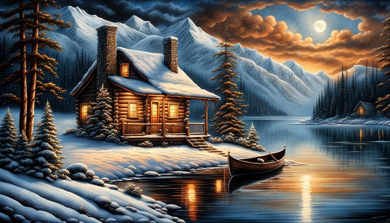 Rustic Cabin on Snowy Lake, Detailed Charcoal Drawing