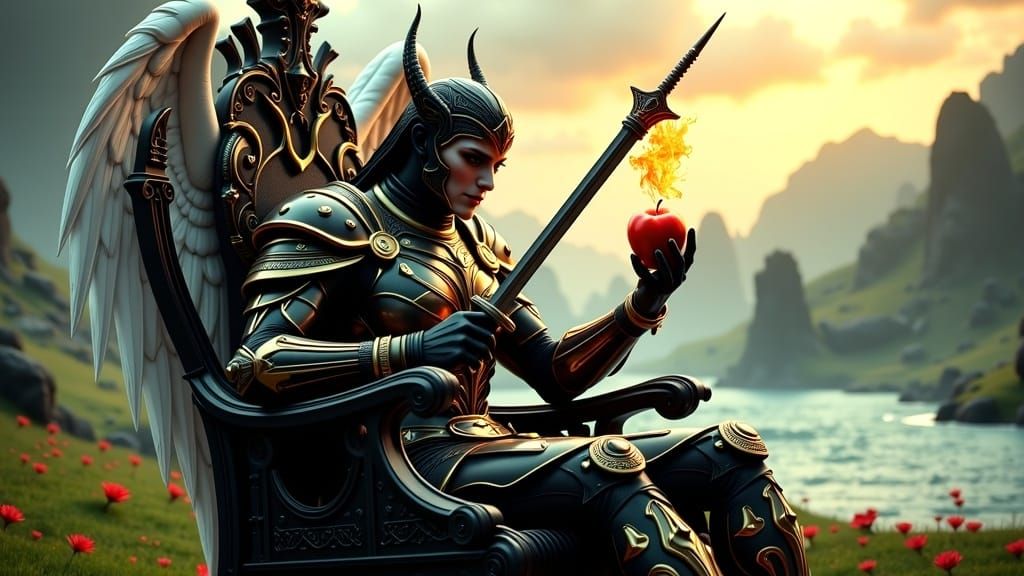 Lucifer on Black Throne with Apple and Sword