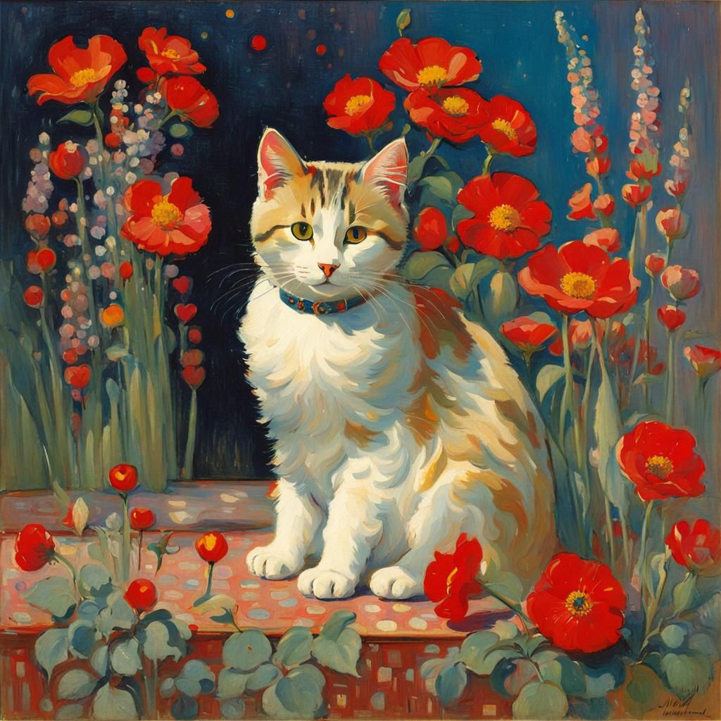 Cat on Pillow Surrounded by Flowers, in Impressionist Style