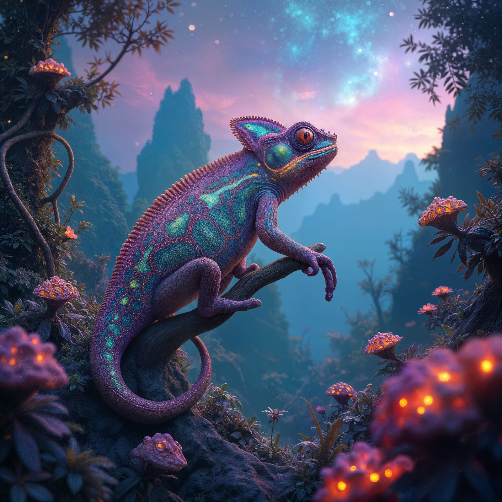Mystical Chameleon in Surreal Jungle, Fantasy Art