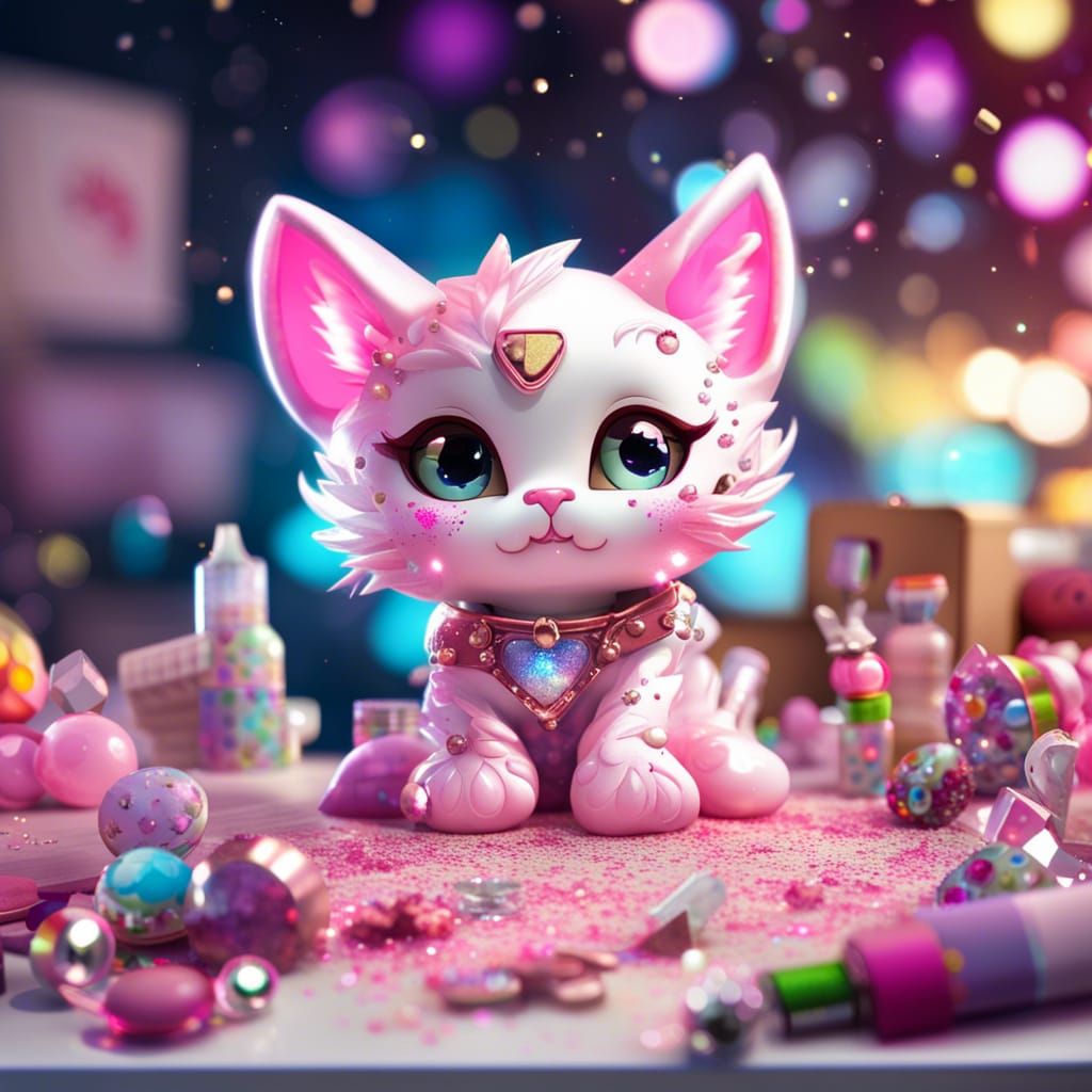 Adorable Chibi Kitten in Glitter Anime Style
