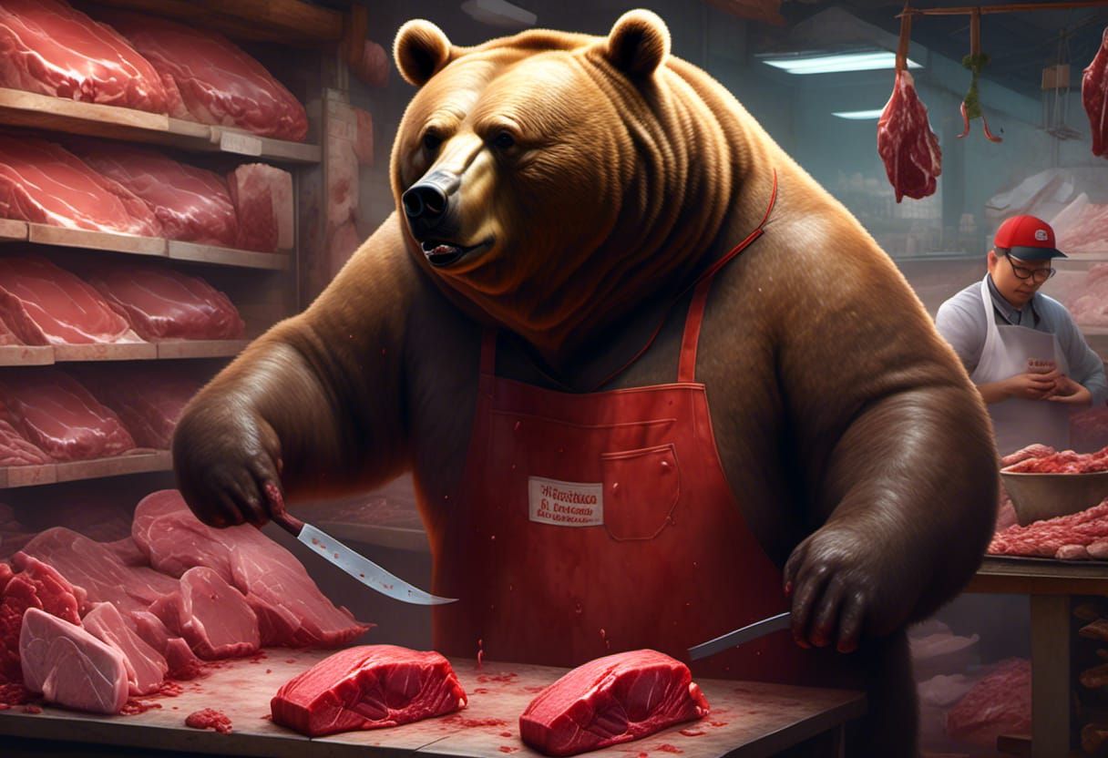 Bear Butcher Cutting Meat in a Market