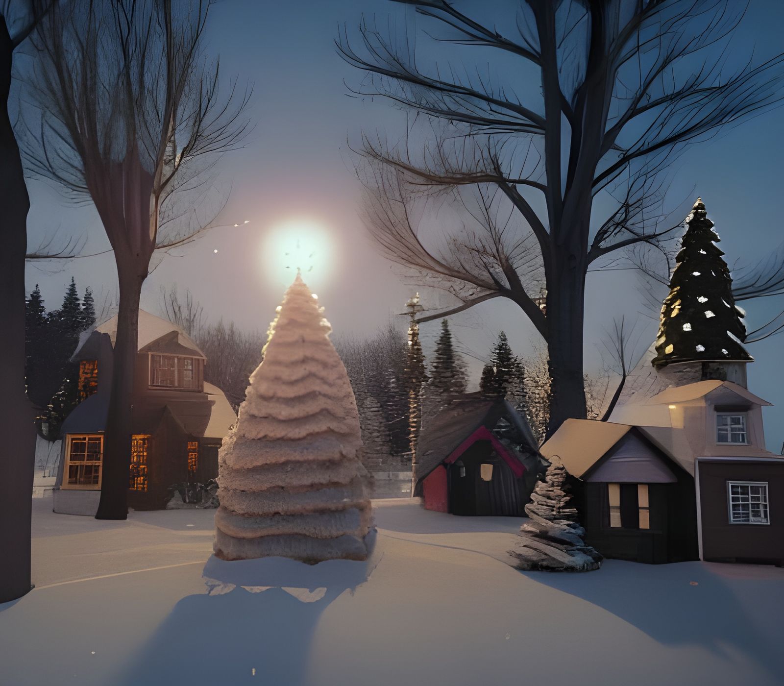 Christmas Village Snow Globe in Matte Painting Style