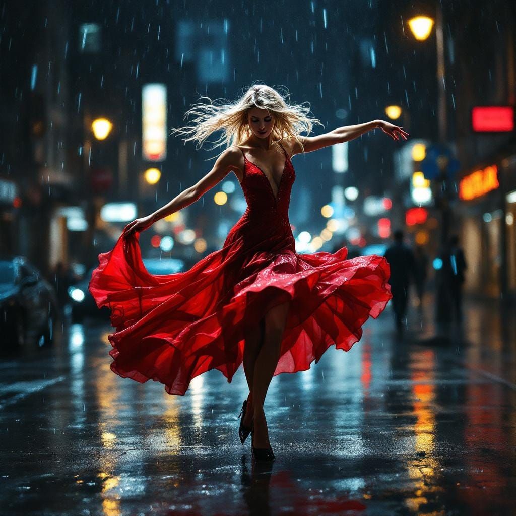 Dynamic Red Dress Dance in Rainy City
