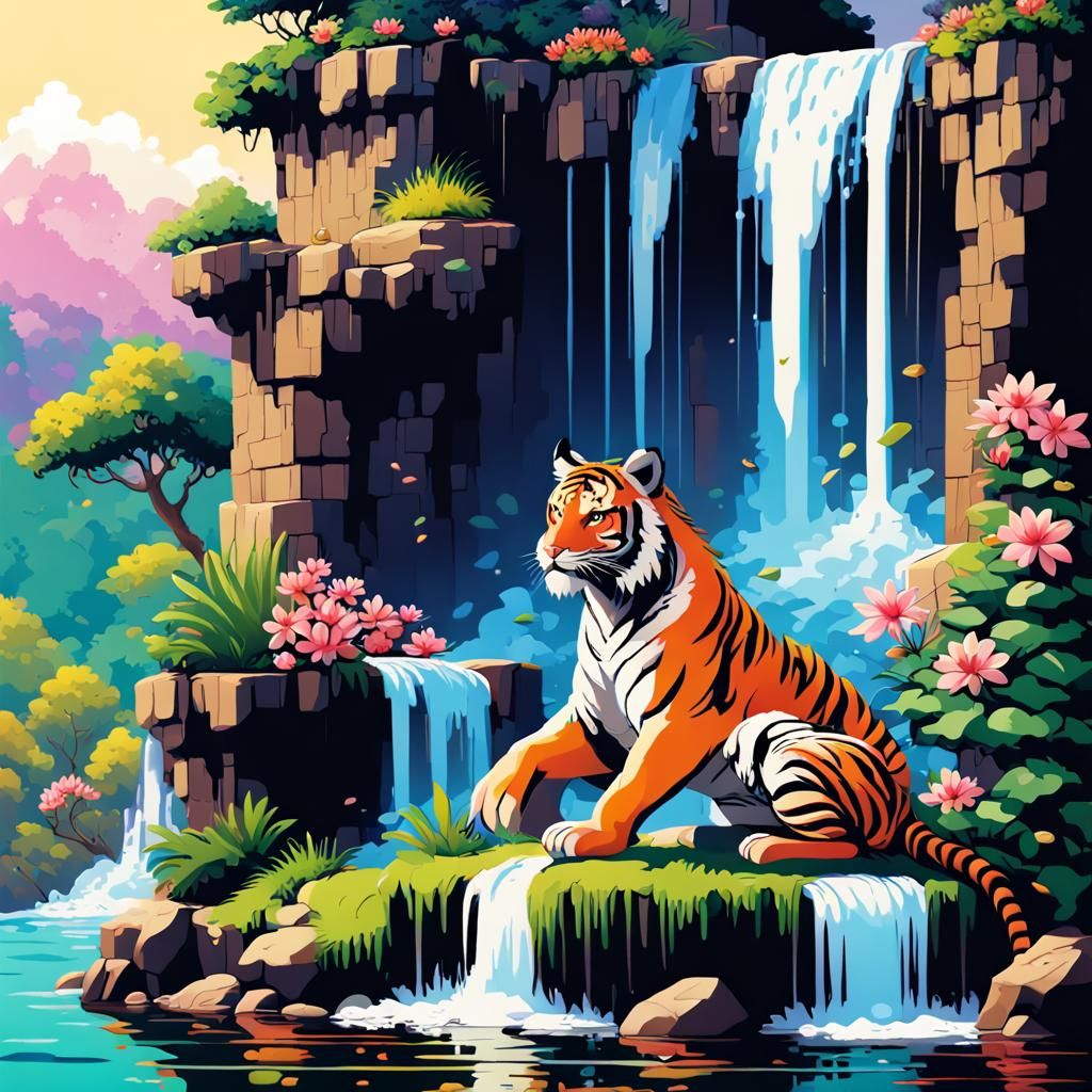 Vivid Pixel Art Waterfall with Tigers