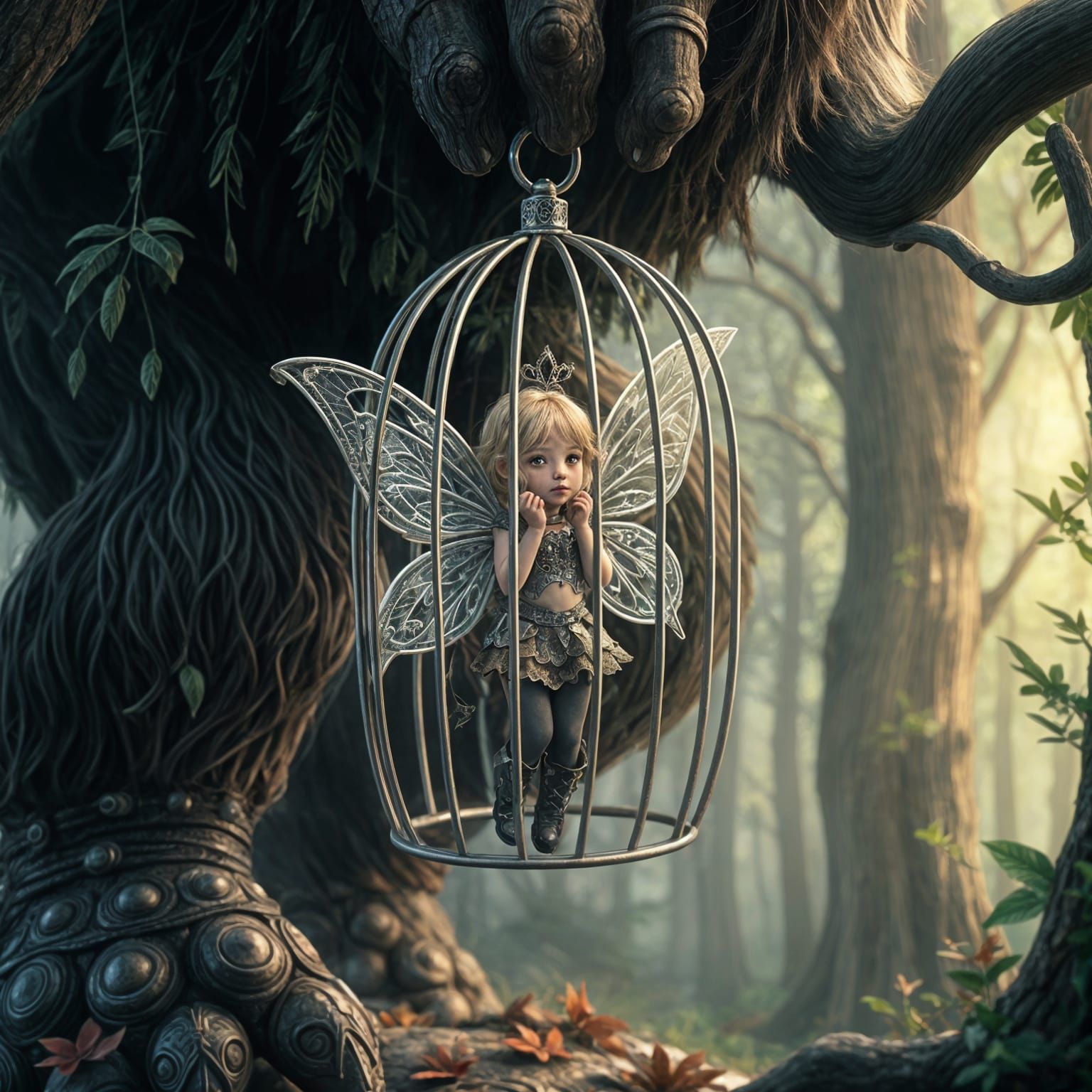 Caged Fairy Carried by Troll in Forest