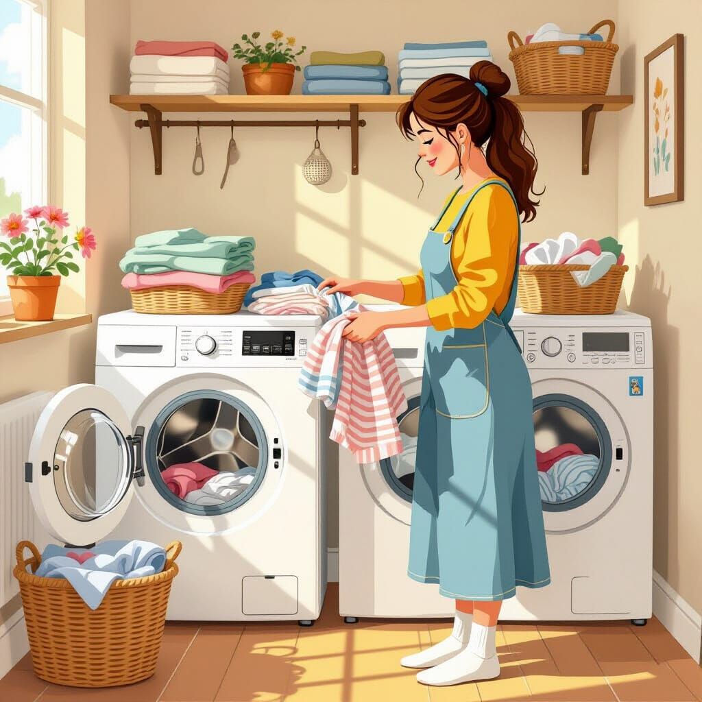 Woman Sorting Laundry in Cozy Beatrix Potter Style