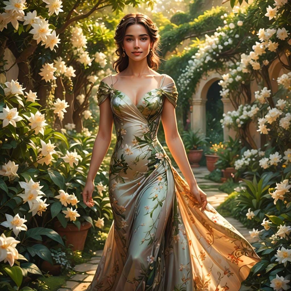 Stylish Woman in Jasmine Garden: Fantasy Concept Art