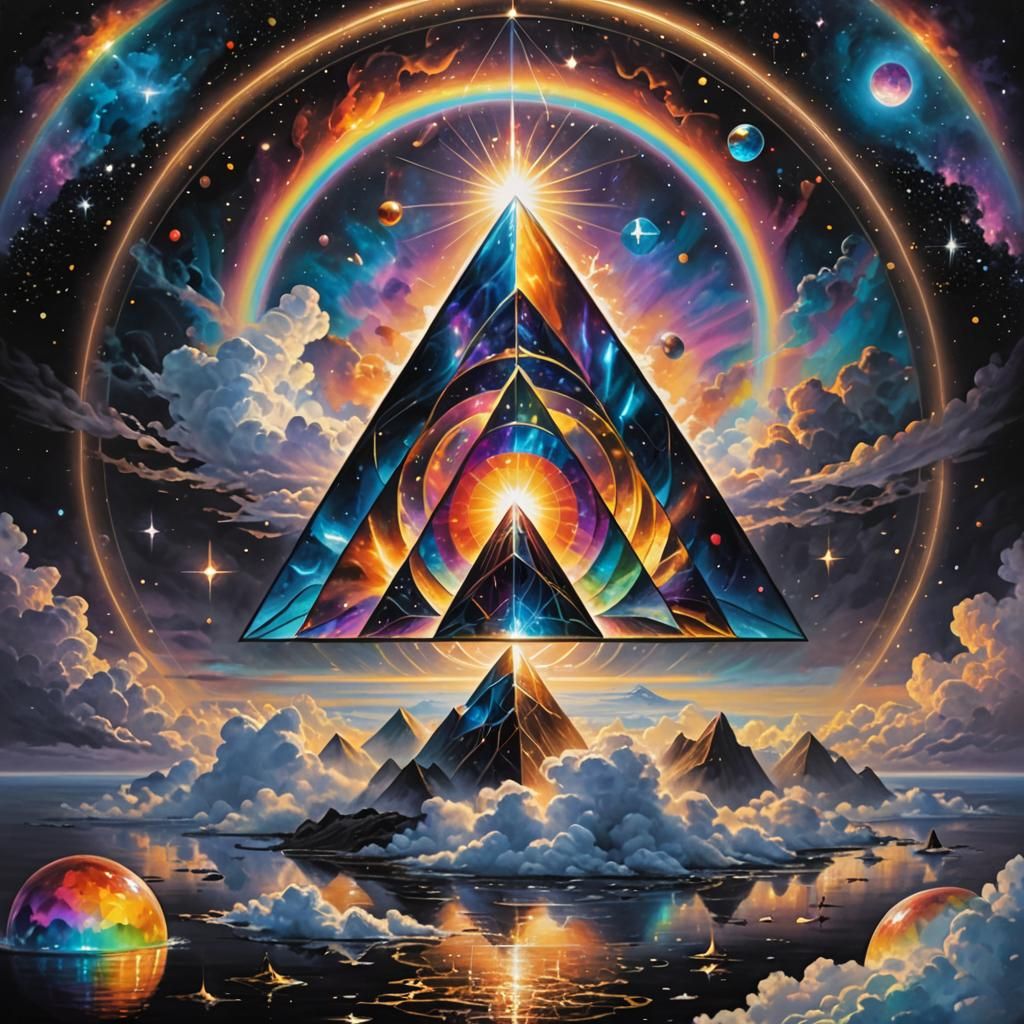 Iridescent Crystal Tetrahedron on Floating Cloud